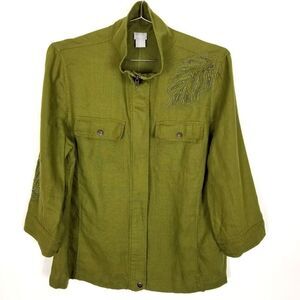 Chicos Women Beaded Linen Jacket‎ Size L Green Zip Up Pockets Lightweight